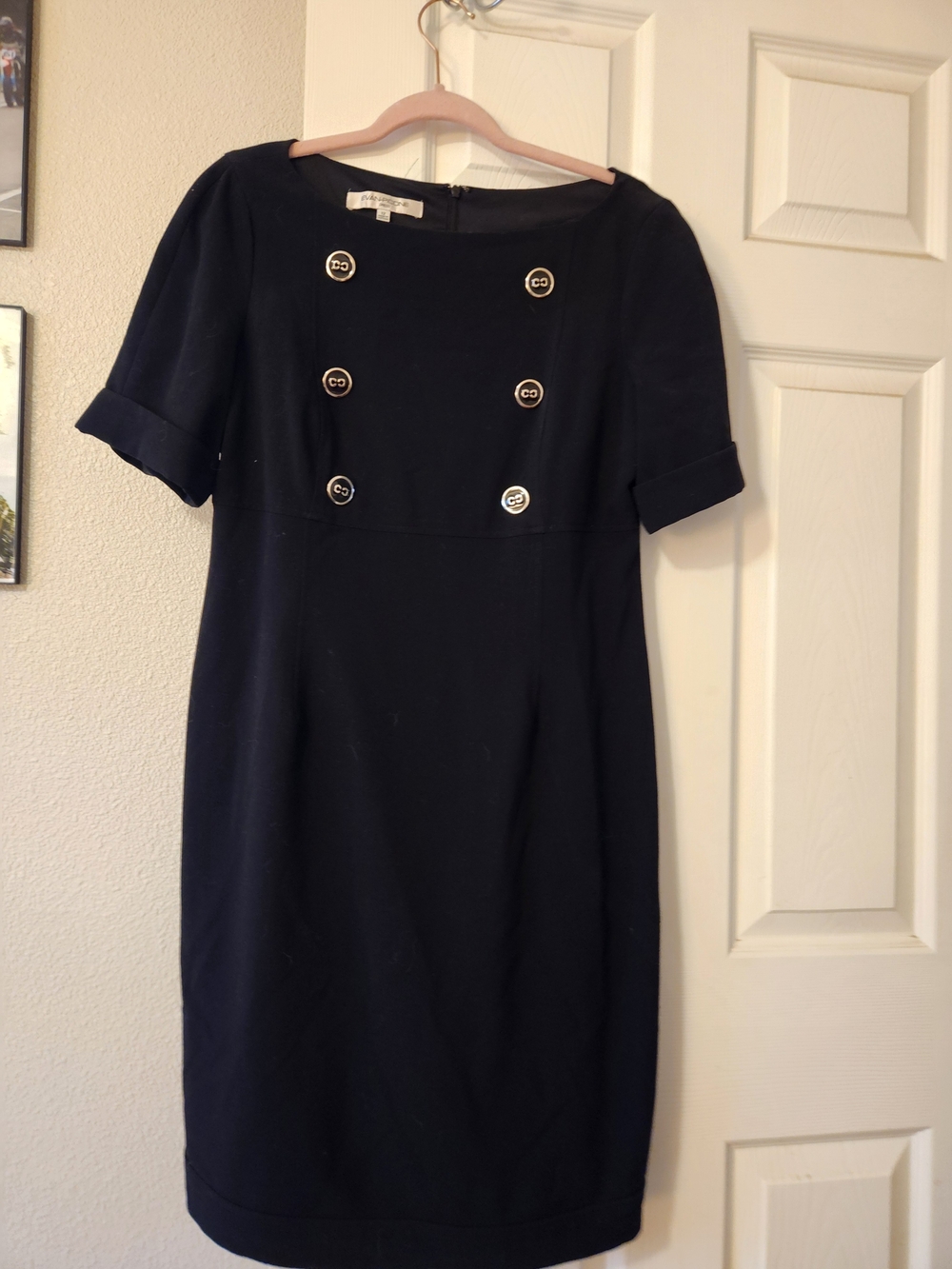 Evan Picone Navy Short-Sleeve Midi Sheath Dress with Gold Buttons